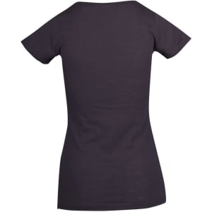 A women's raw cotton wave t-shirt in dark grey, featuring a simple, sleek design with a logo.