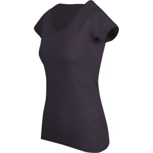 A black women's T-shirt made from raw cotton, featuring a scoop neckline and short sleeves. It has a logo.