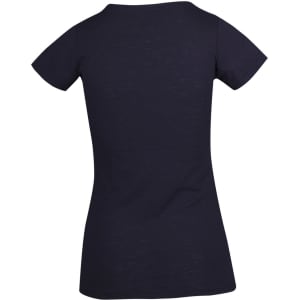 A women's raw cotton wave T-shirt in navy, featuring a fitted design and short sleeves. It has a logo on the back.
