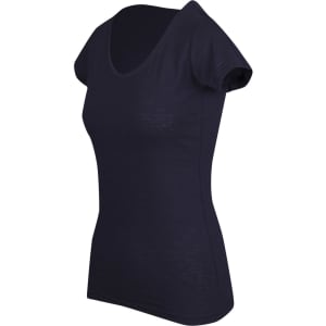 A navy blue women's t-shirt with a scoop neckline and short sleeves, featuring a subtle texture.