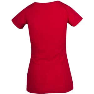 A red women's t-shirt with a fitted design and short sleeves, featuring a logo on the back.