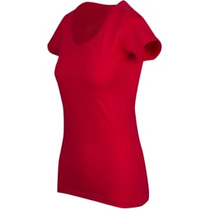 A red women's raw cotton wave T-shirt with short sleeves and a scoop neckline, featuring a logo.