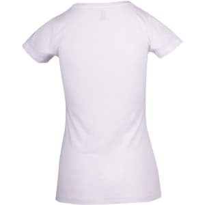 A white women's T-shirt with a fitted design, featuring a logo on the back.