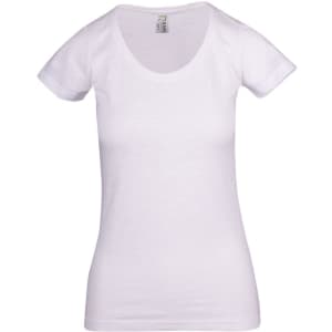 A white women's raw cotton wave T-shirt with a scoop neck and short sleeves, featuring a logo.