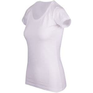 A white women's T-shirt with a scoop neckline and short sleeves, featuring a logo.