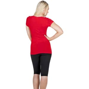 A red women's raw cotton wave V neck t-shirt displayed from the back, paired with black leggings.