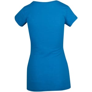 A blue women's V-neck T-shirt made of raw cotton, featuring short sleeves and a fitted design.