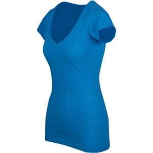 A blue women's raw cotton wave V-neck t-shirt featuring short sleeves and a fitted design.