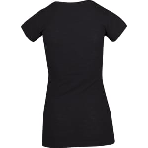 A black V-neck T-shirt with a fitted silhouette, made from raw cotton, featuring short sleeves and no visible branding.