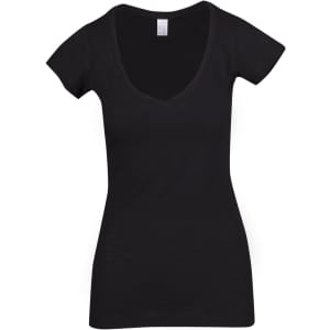 A black women's raw cotton wave V-neck t-shirt with cap sleeves and a fitted design. It features a logo.