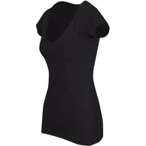 A black women's raw cotton wave V-neck t-shirt with short sleeves, featuring a relaxed fit and a subtle texture.