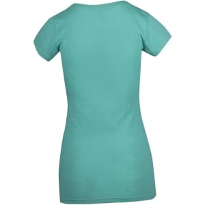 A women's raw cotton t-shirt in a teal colour, featuring a wave V-neck and a fitted design.