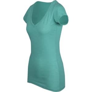 A women's raw cotton wave V-neck T-shirt in a soft teal colour, featuring a fitted silhouette and short sleeves.