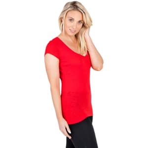 A red women's raw cotton wave V neck t-shirt with short sleeves, displayed on a model against a plain background.