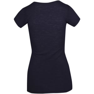 A women's raw cotton wave V-neck T-shirt in dark navy, featuring a fitted silhouette and short sleeves.