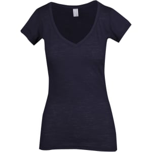A women's raw cotton wave V-neck t-shirt in navy blue with short sleeves. Features a brand logo.