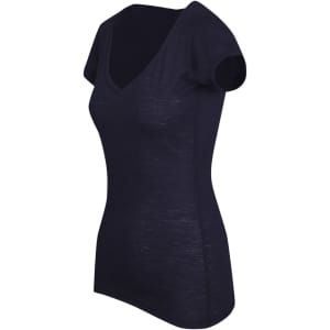 A navy blue women's raw cotton wave V neck t-shirt with short sleeves and a fitted design.