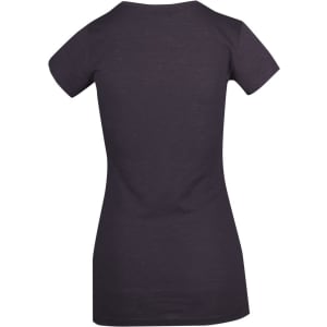 A dark grey women's V-neck T-shirt with a fitted design and short sleeves, featuring a logo.