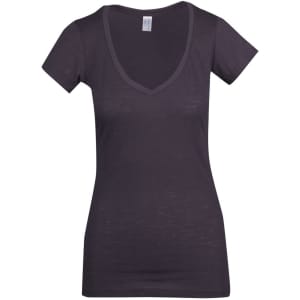 A black women's raw cotton wave v-neck t-shirt with short sleeves and a fitted design.