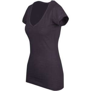 A black women's raw cotton wave v-neck T-shirt with short sleeves and a fitted design, featuring a logo.