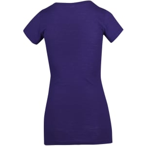 A purple raw cotton women's V-neck T-shirt with a fitted design, featuring short sleeves and no visible branding.