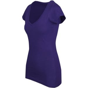 A purple women's raw cotton wave V-neck T-shirt with short sleeves and a fitted style.