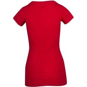 A red women's V-neck T-shirt made of raw cotton, featuring a fitted design and short sleeves.