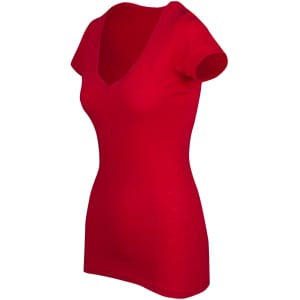 A red women's raw cotton wave V-neck T-shirt displayed at an angle, showcasing its fitted style and short sleeves.