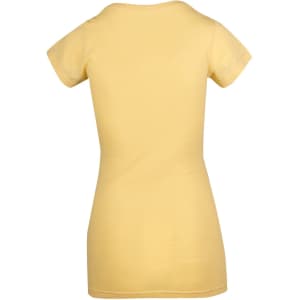 A yellow women's raw cotton t-shirt featuring a wave V-neck design and short sleeves, with a logo present.