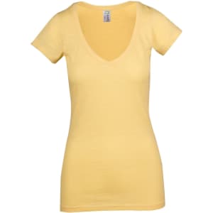 A women's raw cotton T-shirt in a vibrant yellow, featuring a V-neck design and short sleeves. It has a brand logo.