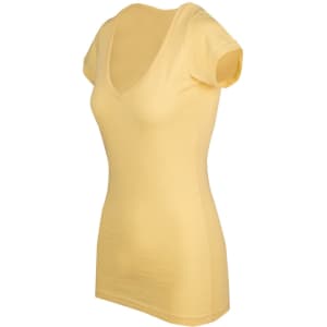 A yellow women's raw cotton V-neck T-shirt with short sleeves and a fitted design. It features a logo.
