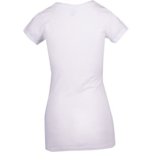 A white women's raw cotton wave V-neck T-shirt featuring a fitted design and short sleeves, with a logo at the back.