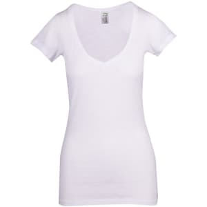 A women's white raw cotton wave V-neck T-shirt with short sleeves and a fitted silhouette.