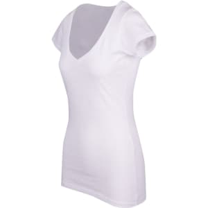 A white women's raw cotton T-shirt featuring a wave V neck and short sleeves, with a branding logo visible.