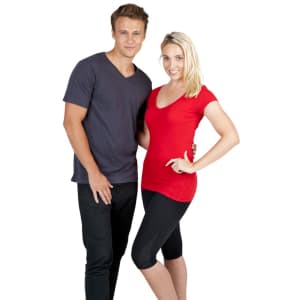 A man in a grey v-neck t-shirt and a woman in a red v-neck t-shirt, both with casual attire.