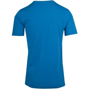 A blue unisex raw cotton t-shirt featuring a V-neck design and short sleeves, with a plain back and a logo.