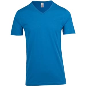 A blue V-neck t-shirt made from raw cotton with short sleeves. It features a logo on the tag.