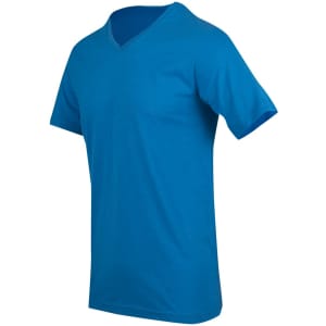 A vibrant blue men's/unisex raw cotton wave V-neck T-shirt with short sleeves and a branding logo.