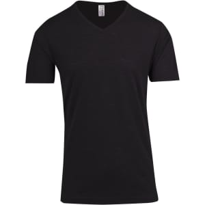 A black raw cotton V-neck T-shirt with short sleeves and a logo on the label.