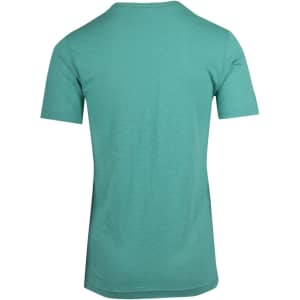 A men's unisex raw cotton wave V-neck T-shirt in teal, featuring a plain design with no visible logos.