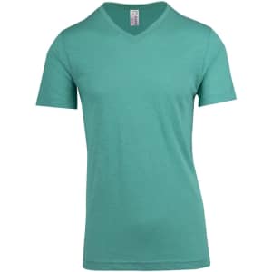 A teal raw cotton V-neck T-shirt with short sleeves, featuring a logo on the label.