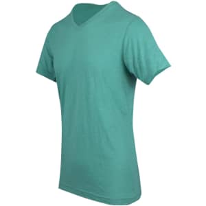A green raw cotton V-neck T-shirt displayed from the side, featuring short sleeves and a relaxed fit.