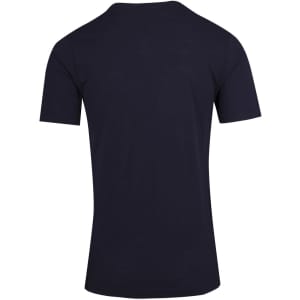 A navy blue unisex raw cotton V-neck T-shirt featuring a minimalist design and a logo on the back.