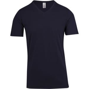 A navy blue unisex raw cotton V-neck T-shirt with short sleeves and a logo on the label.