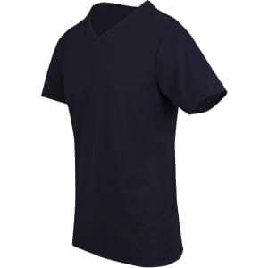 Men's unisex raw cotton wave V-neck T-shirt in a dark navy colour, featuring a simple design and a logo.