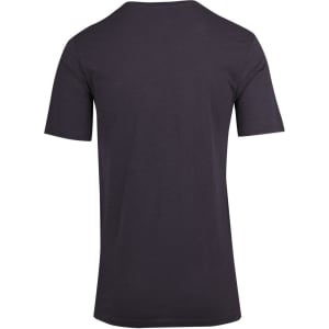 A grey raw cotton V-neck T-shirt with short sleeves, featuring a logo on the back.