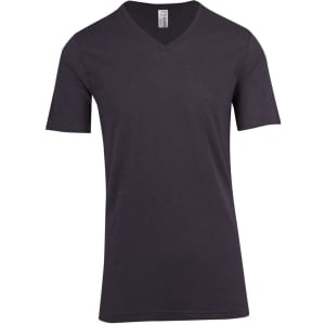 A dark grey unisex raw cotton V-neck T-shirt with short sleeves and a simple design. It features a brand logo.