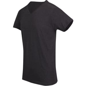 A dark grey unisex raw cotton wave V-neck T-shirt with short sleeves and a logo on the front.