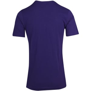 A raw cotton purple V-neck T-shirt with short sleeves, featuring a logo on the back.