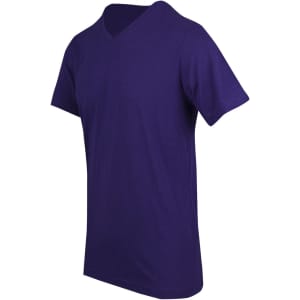A purple men's/unisex raw cotton wave V-neck T-shirt with short sleeves and a relaxed fit. Features a logo.